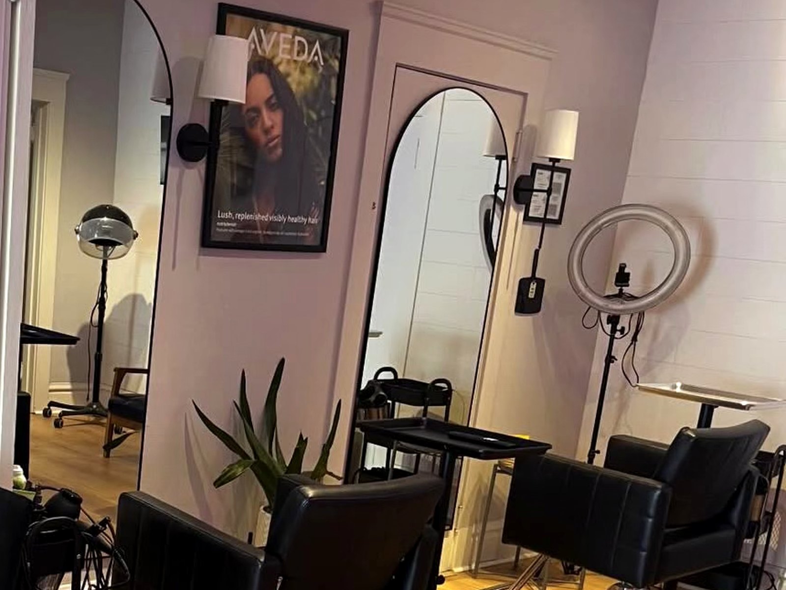 Salon W interior in Lodi with styling stations, arched mirrors, warm wood flooring and Aveda artwork
